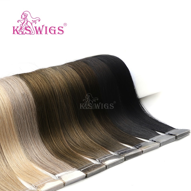 K.S WIGS 100pcs/pack PU Skin Weft Hair Double Drawn Hand Tied Tape In Human Extensions 16'' 20'' 24''