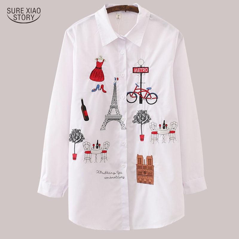 New White Women Blouse 2021 Long Sleeve Cotton Embroidery Blouse Lady Casual Button Design Turn Down Collar Female Shirt 5083