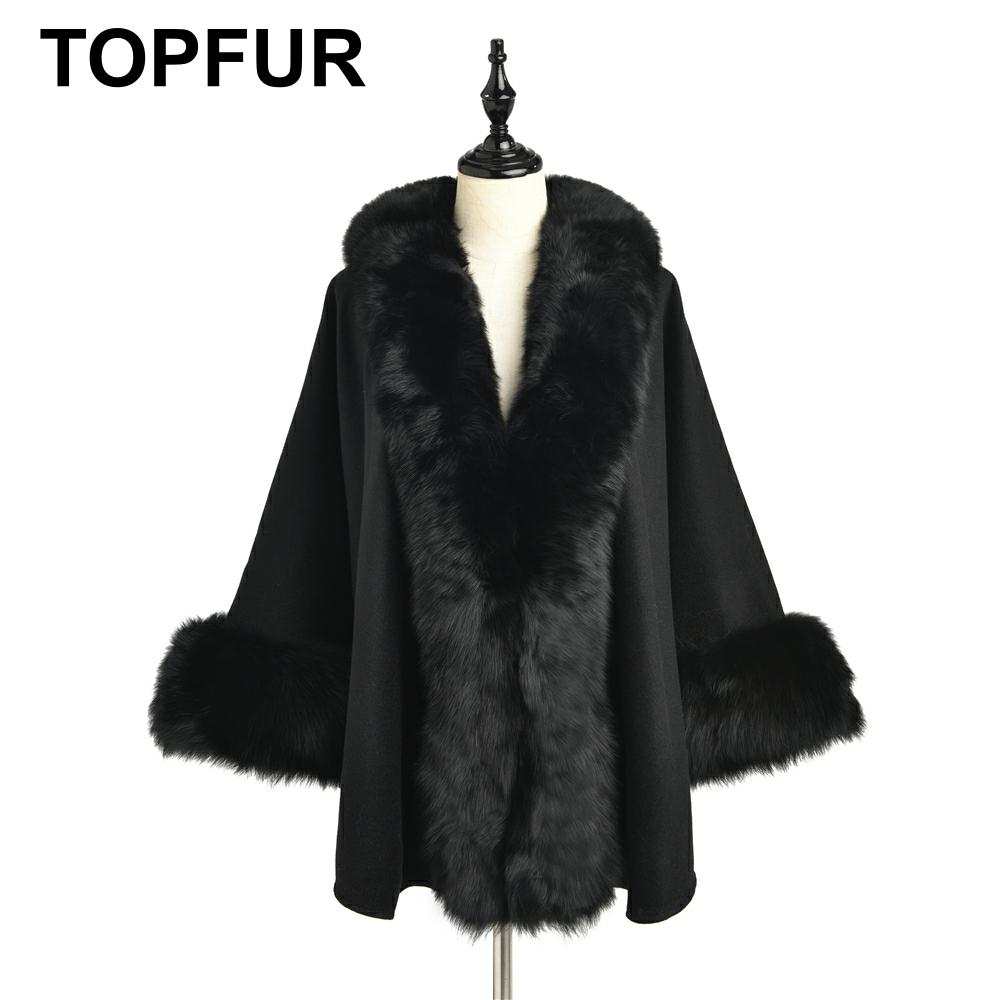 TOPFUR New Fashion Winter Female Cape Real Fur Cape For Women Three Quaeter Real Fox Fur Outerwear Bat Sleeved V-Neck Black