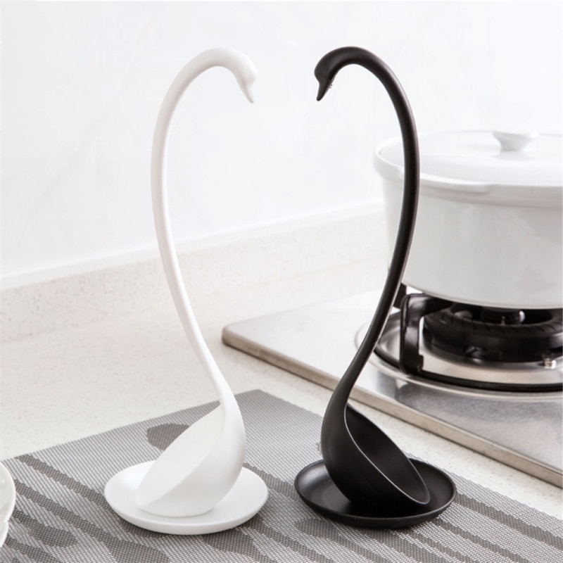 New Swan Shaped Soup Ladle White/Black Design Special Upright Swan Spoon Useful Kitchen + Saucer Cooking Tool wholesale