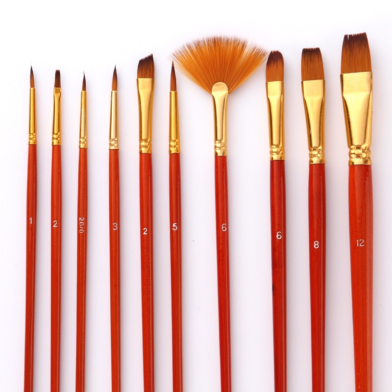 10Pcs Paint Brushes Set Nylon Hair Painting Brush Short Rod Oil Acrylic Brush Watercolor Pen Professional Art Supplies