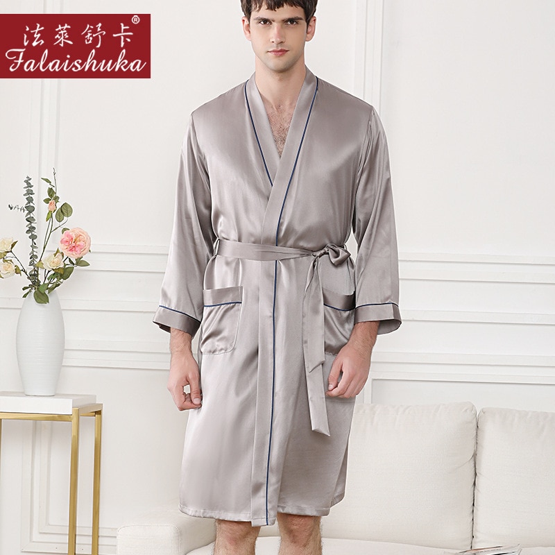 Noble silver gray 100% mulberry silk robes men simple Long sleeve autumn 19 momme real silk male home casual elegance men robes