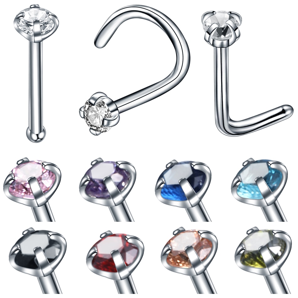 1PC/LOT Crystal Nose Ring & Studs Pircing Stainless Steel 20G Nose Pin Piercing Colorful Gem Fashion Body Women Girl Jewelry