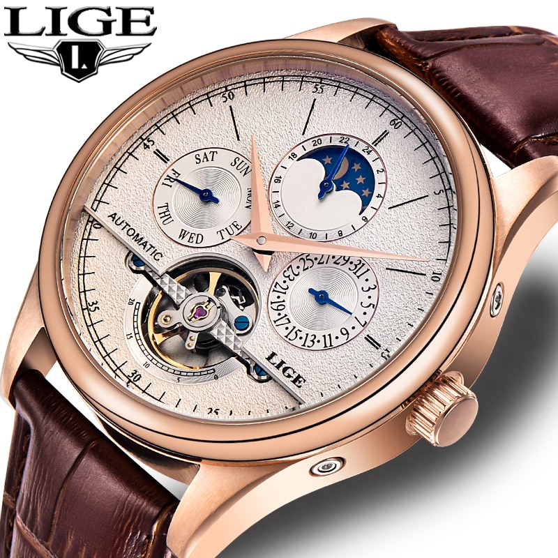 LIGE Brand Classic Mens Retro Watches Automatic Mechanical Watch Tourbillon Clock Genuine Leather Waterproof Military Wristwatch