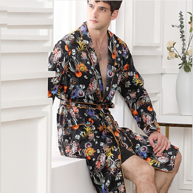 Silk Robe Men Sexy Clothes Man Bathrobes Silk Stain Floral Print Long Sleeve Sleepwear Homewear Silk bathrobe night Sleep Wear