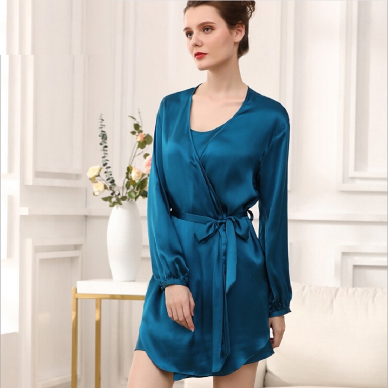 Ladies Night Robe Gown Sets Silk Stain Summer Autumn 2019 Women Sexy Solid Night Gown Dress Sleepwear Plus Size Night Ware sets