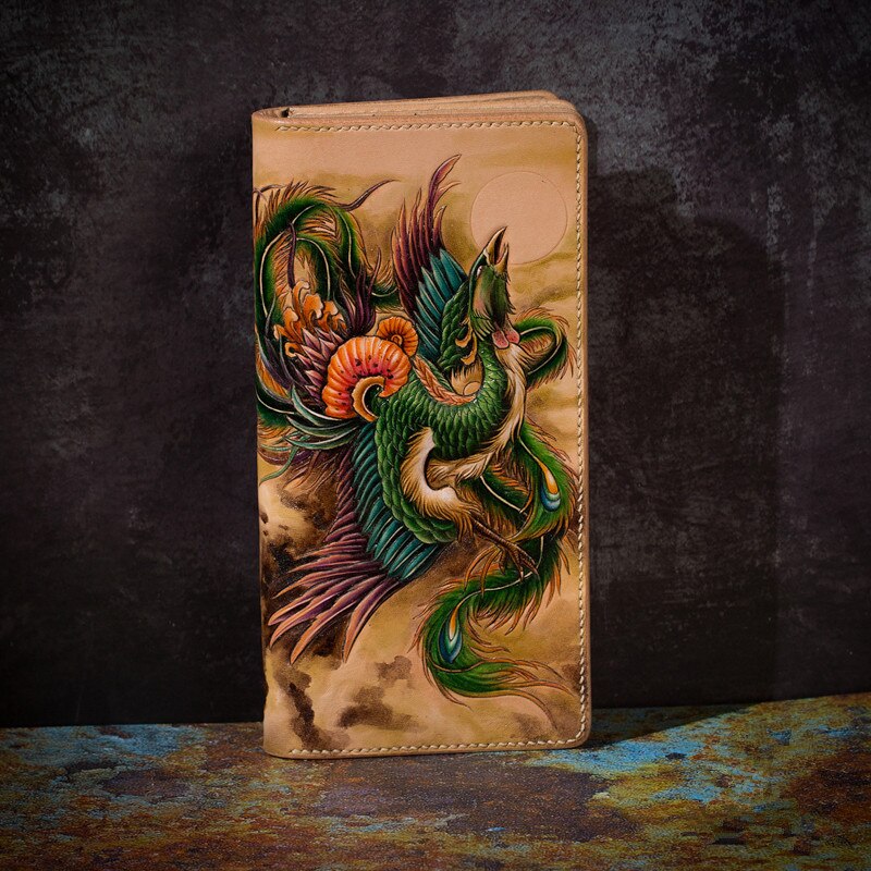 High-end Handmade Wallets Carving Phoenix Purses Men Long Clutch Vegetable Tanned Leather Wallet Card Holder