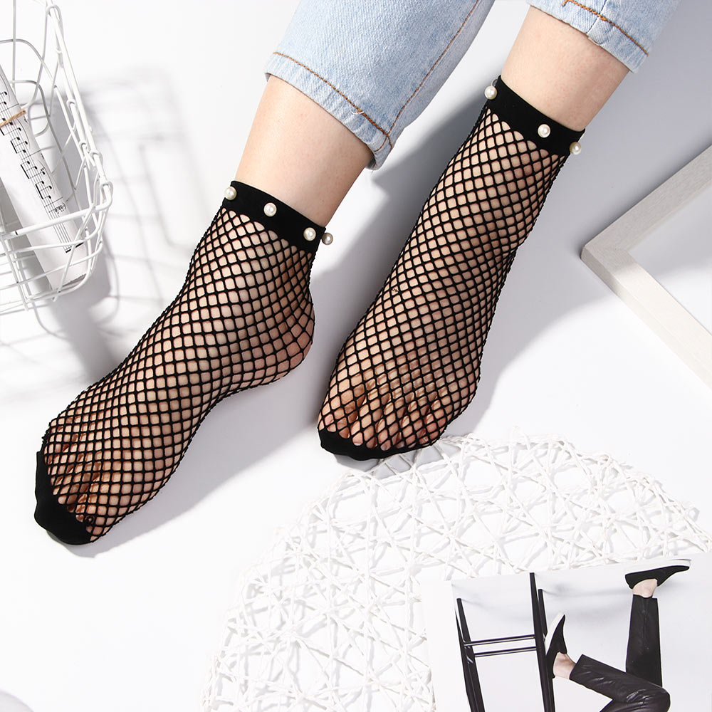 1Pair Mesh Socks Fashion Women Ruffle Fishnet Ankle High Socks Pearl Mesh Lace Fish Net Socks Fishnet Socks Flat Harajuku