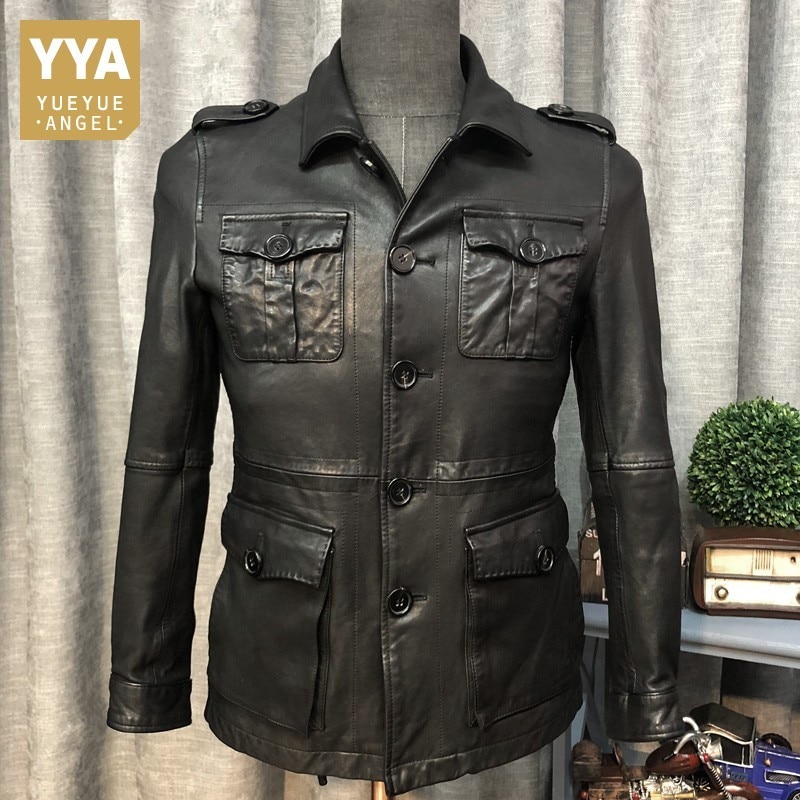 High Quality Mens Medium Length Genuine Leather Cowhide Jackets Fashion Single Breasted Pockets Moto Biker Plus Size Male Coats