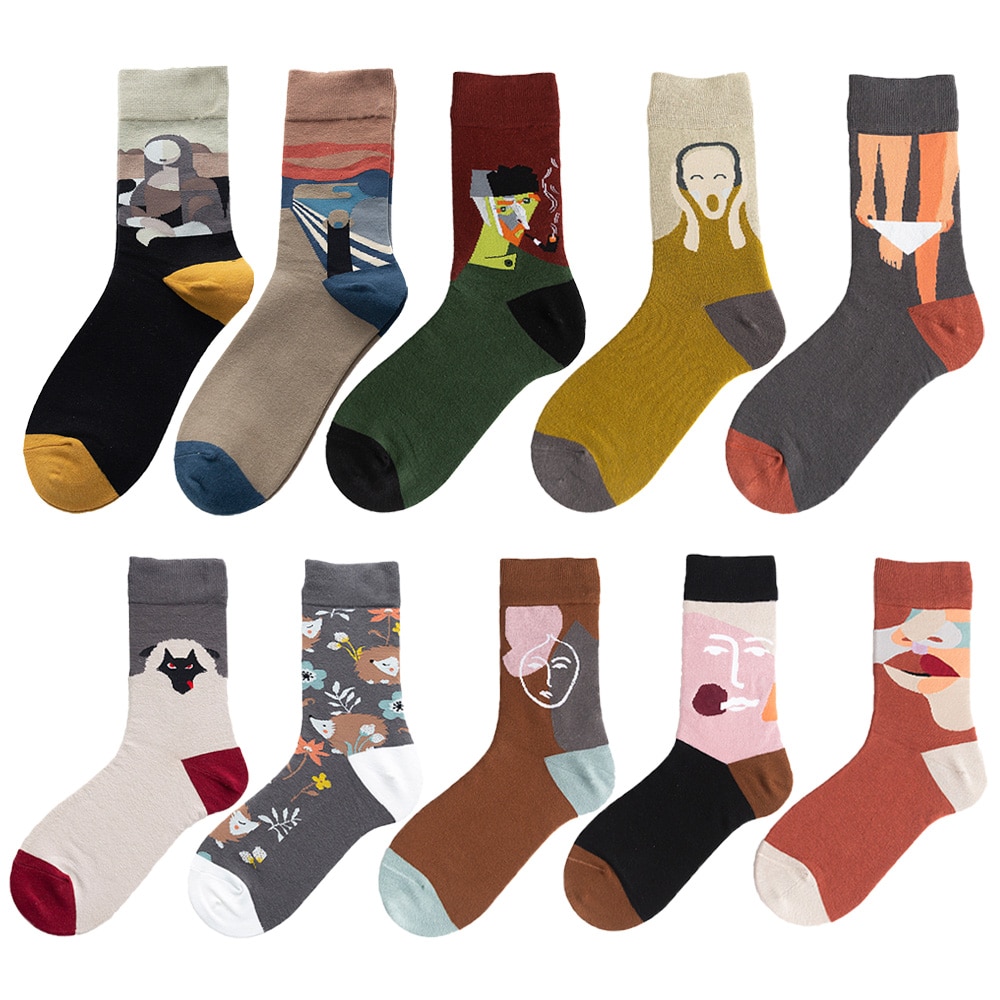 Unisex Painting Style Astronaut Women Socks 100 Cotton Harajuku Colorful Full Socks Women Space Streetwear 1 Pair Size 37-44