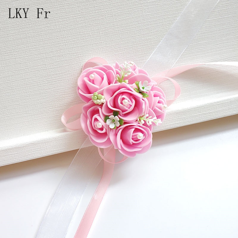LKY Fr Wrist Corsage Bridesmaid Bride Wedding Bracelet Flower Silk Rose White Pink Wedding Corsage Bracelet Marriage Accessories