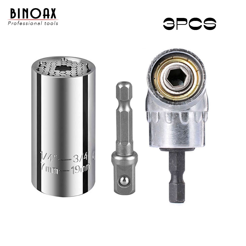 BINOAX 7mm-19mm Universal Socket Grip Ratchet Wrench Power Drill Adapter & 105 Degree Right Angle Driver Extension Power Drill B