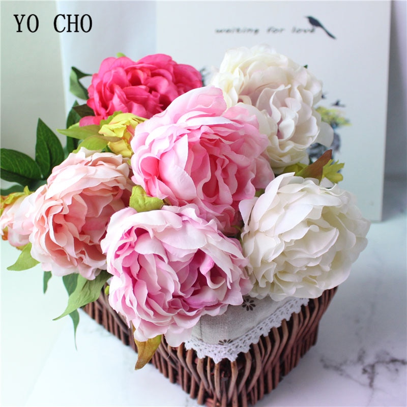 YO CHO Bouquet Bridesmaid Artificial Silk Peony Flower Pink White DIY Home Party Decoration Table Center Ornaments False Flowers