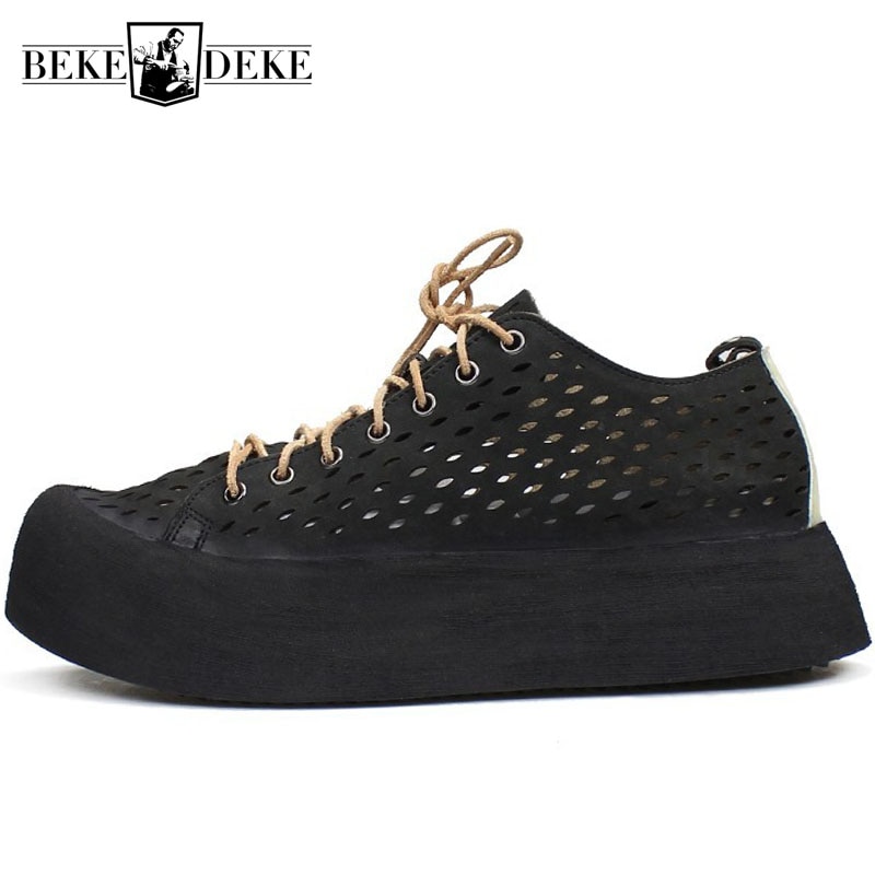 Summer Mens Breathable Hollow Out Sandals Cow Genuine Leather Thick Platform Shoes High Street Casual Lace Up Sneakers Sandals