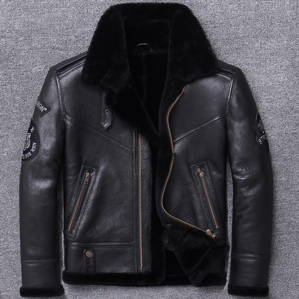 2019 New Men's Black B3 Shearling Jacket Short Motorcycle Leather Jacket Mens Sheepskin Coat Winter Coats Trench Coat