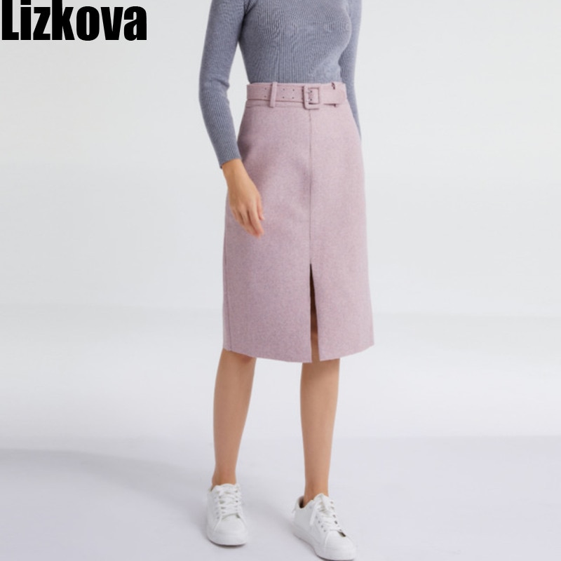 Lizkova Pink Pencil Skirt Winter 2020 Women High Waist Split Faldas With Belt Elegant Official Ladies Jupes 2810