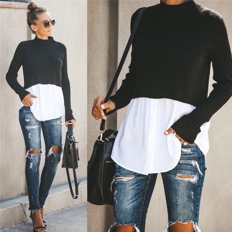 Autumn Winter Black Knitted Women Turtleneck Sweater 2020 Patchwork Long Sleeve Button Pullover Women Jumper