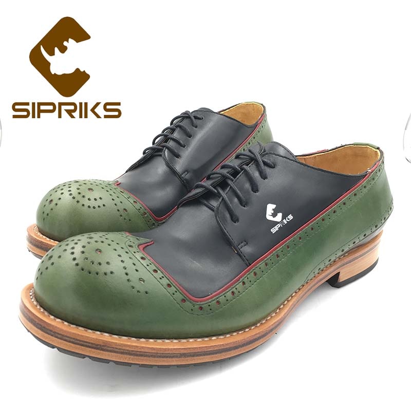 Sipriks Mens Green Black Calf Leather Brogue Shoes Italian Custom Goodyear Welted Wingtip Dress Shoes Double Leather Sole Big 45