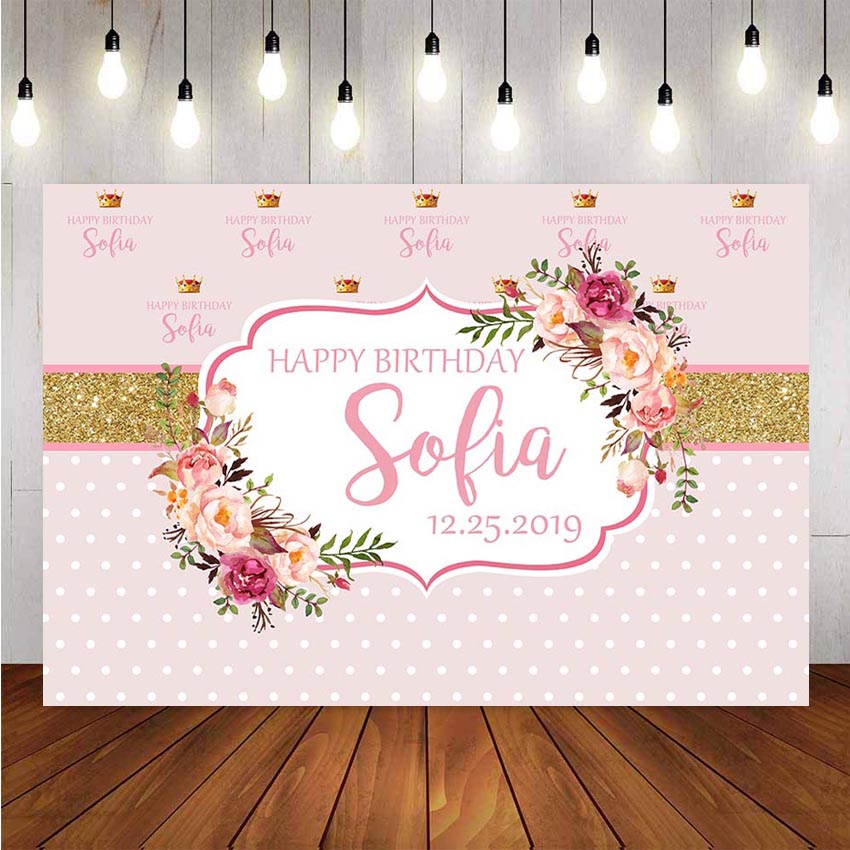 Photography Backdrop Pink Flower Gold Glitter Polka Dots Girls Happy Birthday Backgrounds Photo Studio Photocall Photo Prop