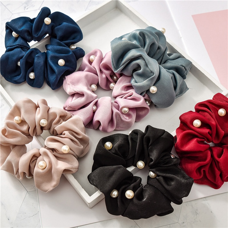 2020 New Women Pearl Satin Hair Scrunchies Stretchy Ponytail Holder Elastics Hair Bands Silky Hair Ties Accessories for Girls