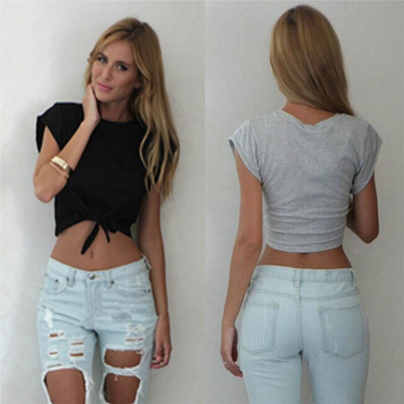 High Quality Women Tops White Grey Color Knotted Tie Front Crop Tops Cropped Casual Top