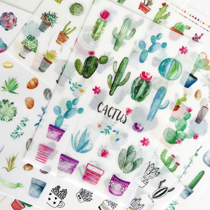 6 Sheets/Pack Green Cactus PVC Stickers Decorative Album Diary Hand Account Decor