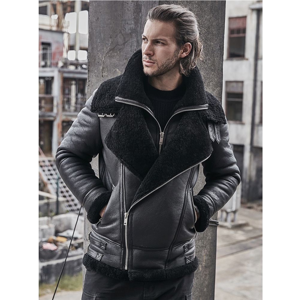 2019 New Men's B3 Sheepskin Shearling Coat Motorcycle Men's Leather Jacket Fur Coat Thick Winter Coats