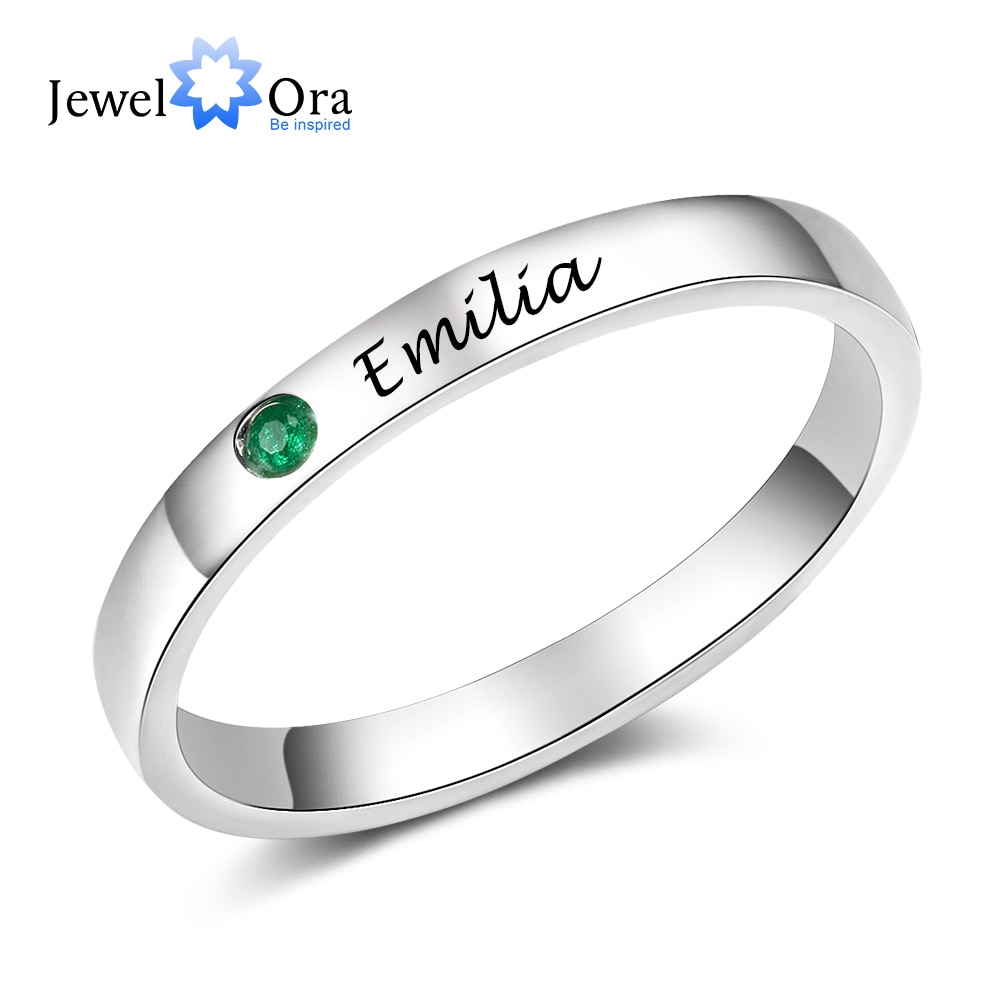 JewelOra 925 Sterling Silver Personalized Name Ring with Birthstone Custom Engraved Rings for Women Fine Jewelry Christmas Gifts