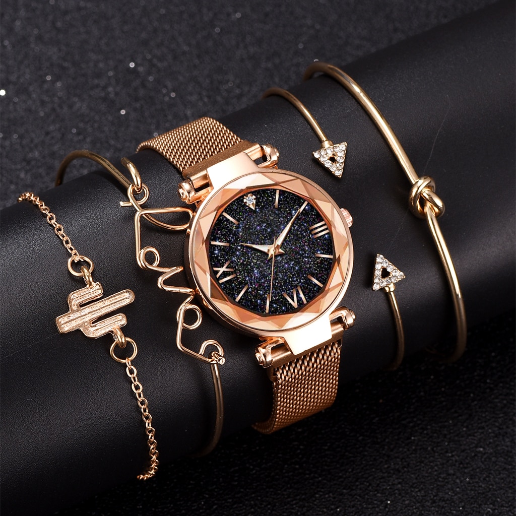 Luxury Brand Rose Gold Starry Sky Dial Watches Women Ladies Crystal Bracelet Quartz Wrist Watch 5 PCS Set Relogio Feminino