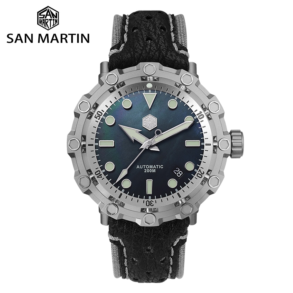 San Martin Men Watch Dive MOP Dial Titanium Original Design Limited Edition Mechanical Watches Sapphire 200M Shark Leather Strap