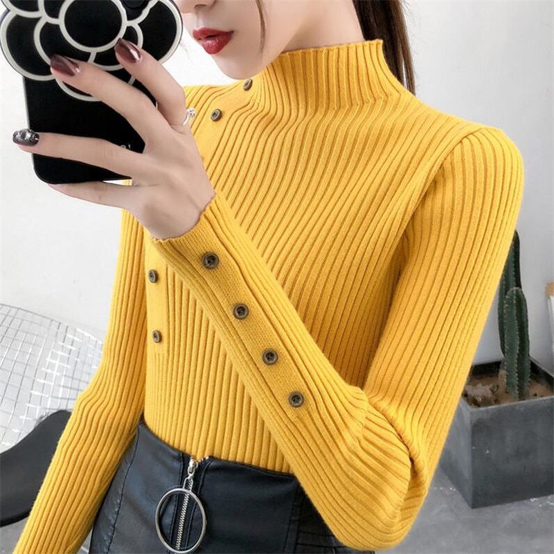 2020 Women Autumn Knitted Slim Sweaters Solid Knitted Female Cotton Soft Elastic Color Pullovers Button Full Sleeve Turtleneck