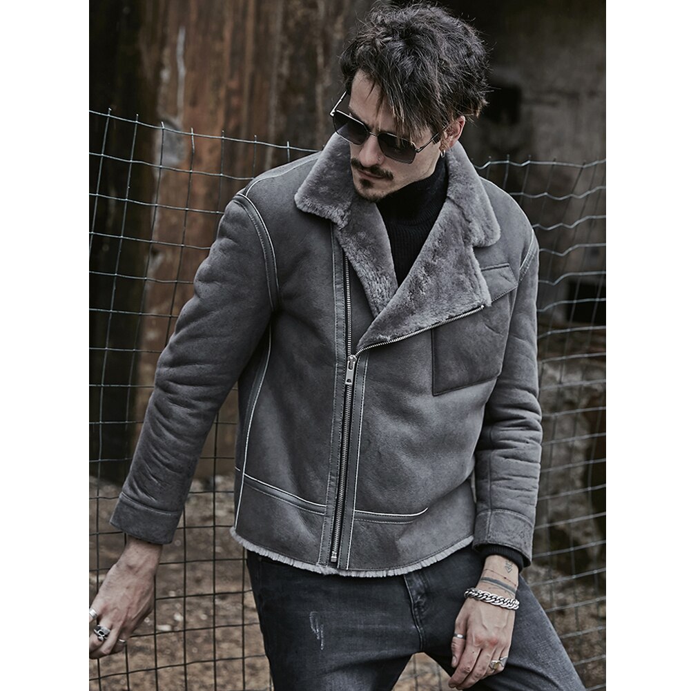 2019 New Mens Gray Sheepskin Coat Shearling Jacket Short Motorcycle Jacket Leather Jacket Mens Winter Coats