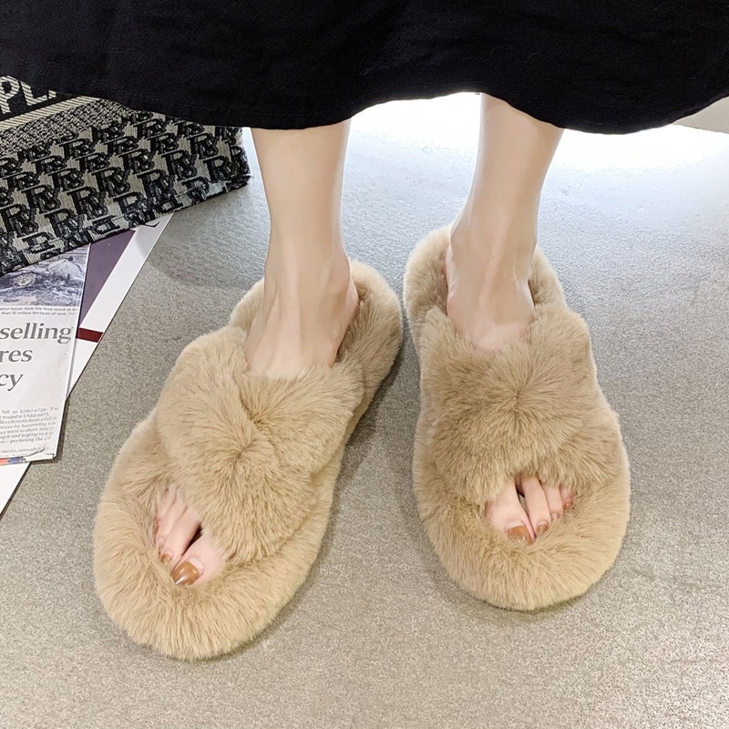 Winter House Women Fur Slippers Fashion Cross Band Warm Plush Ladies Fluffy Shoes Cozy Open Toe Indoor Fuzzy Slides For Girls