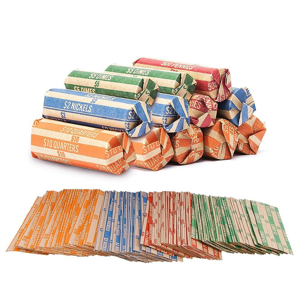 300/500/600/1000Pcs Kraft Paper Cent Dollar Coin Wrappers Assorted Striped Storage Bag Pouch Gift Wraped Storage