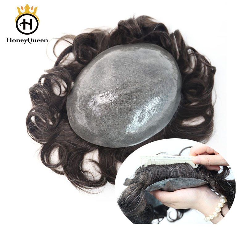 Hair Toupee Men Poly Thin Skin System Natural Looking 100% European Human Hair Toupee PU Replacement System HoneyQueen Remy Hair