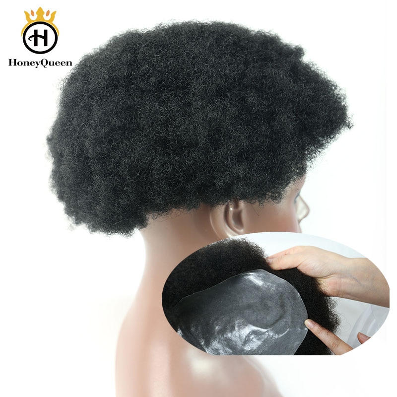 PU Afro Kinky Curly Hair Toupee Men Natural Looking 100% Mongolia Human Hair Toupee Poly Mens Replacement System 1B# Remy