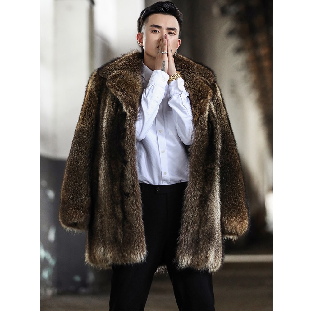 2019 New Imported Mens Brown Raccoon Fur Coat Fashion Long Outwear Mens Leather Jacket Thick Warm Full Fur Jacket