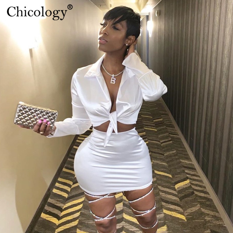 Chicology Women Silky Satin 2 Two Piece Set Lace Up Long Sleeve Crop Top Skirt 2020 Autumn Winter Clothes Fashion Sexy Outfits