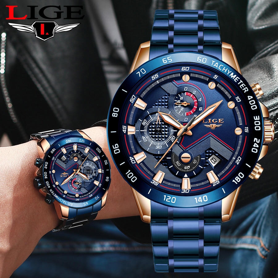 LIGE Business Men Watch Luxury Brand Blue Stainless Steel Wrist Watch Chronograph Army Military Quartz Watches Relogio Masculino