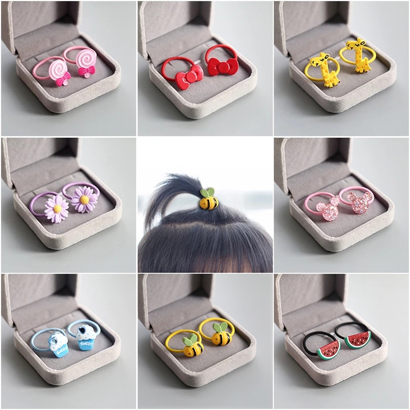 A pair Cute baby hair ring animal fruit small head rope rubber band elastic hair band acrylic children hair accessories headwear