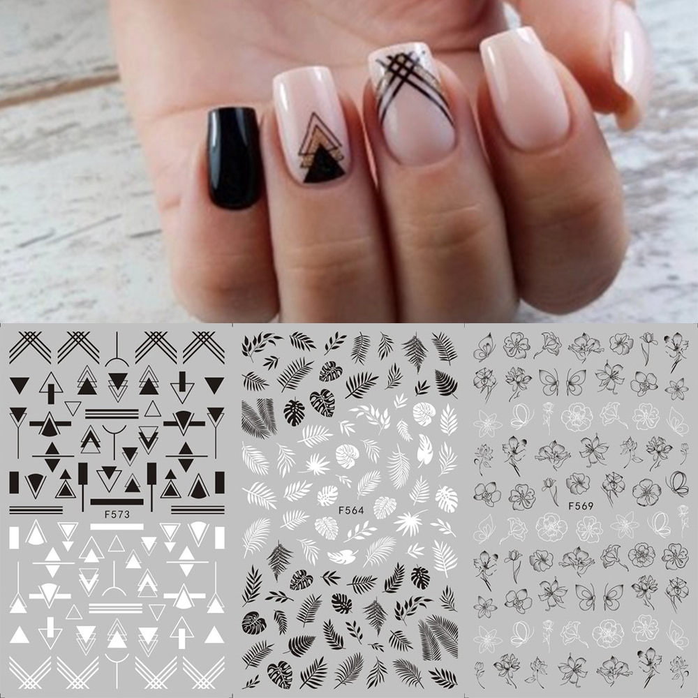 1 sheet Black White Flower Nail Sticker Mandala Tropical Leaf 3D Nail Sticker Geometry Adhesive Nail Decals Foil Design F564-573