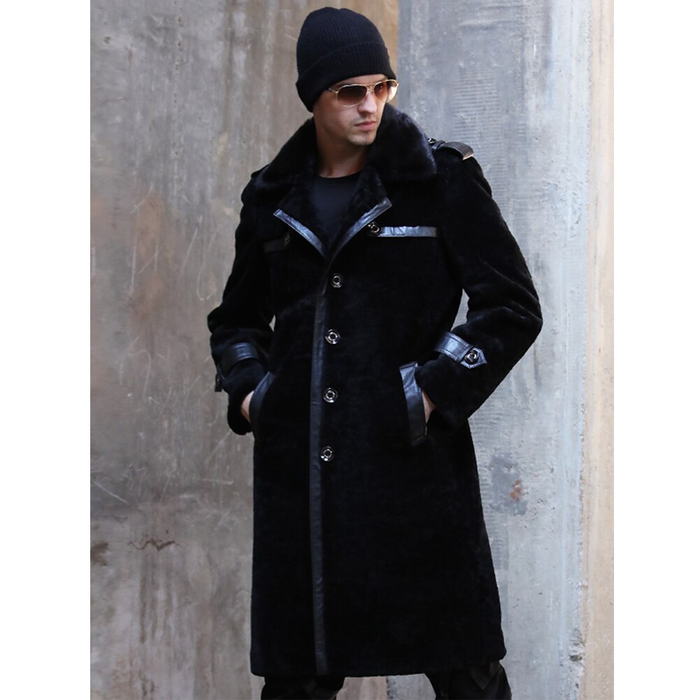 2019 New Mens Black Shearling Jacket Sheepskin Coat Leather Jacket Mink Fur Collar Coat Long Mens Winter Coats Trench Coat