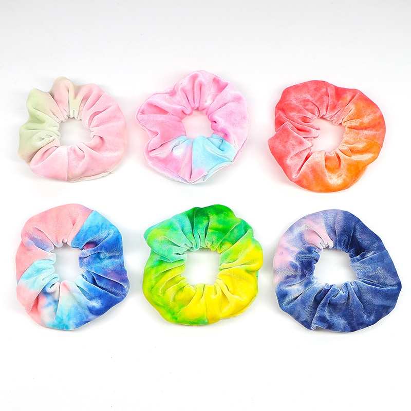 Women Rainbow Velvet Scrunchies Tie-dye Hair Ring Ties For Girls Ponytail Holder Rubber Band Elastic Hairbands Hair Accessories