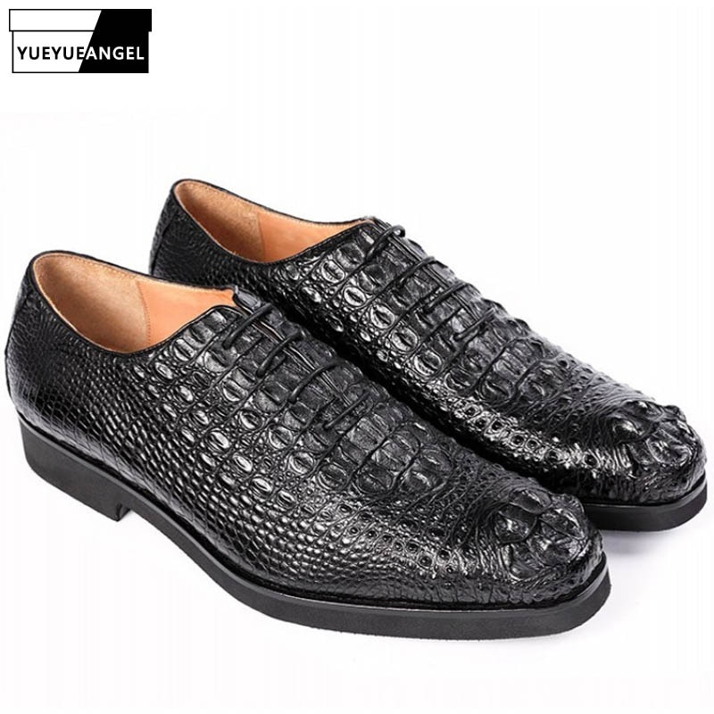 Luxury Crocodile Genuine Leather Mens Smart Casual Shoes Euro Fashion Top Brand Lace Up Round Toe Party Wear Male Dress Shoes