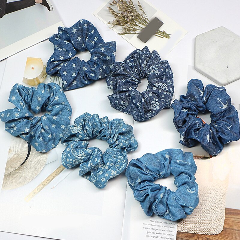 2019 Blue Plaid Elasticity Scrunchie Fashion Women Elastic Hair Band Girls New Blue Denim Ponytail Hair Holder Hairband Headband