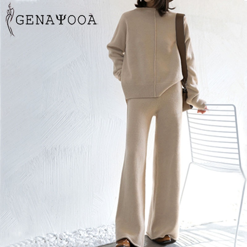 Genayooa Winter Tracksuit 2 Piece Pant Suits For Women Knitted Long Sleeve Two Piece Set Top And Pants Women Suit Outwear Korean