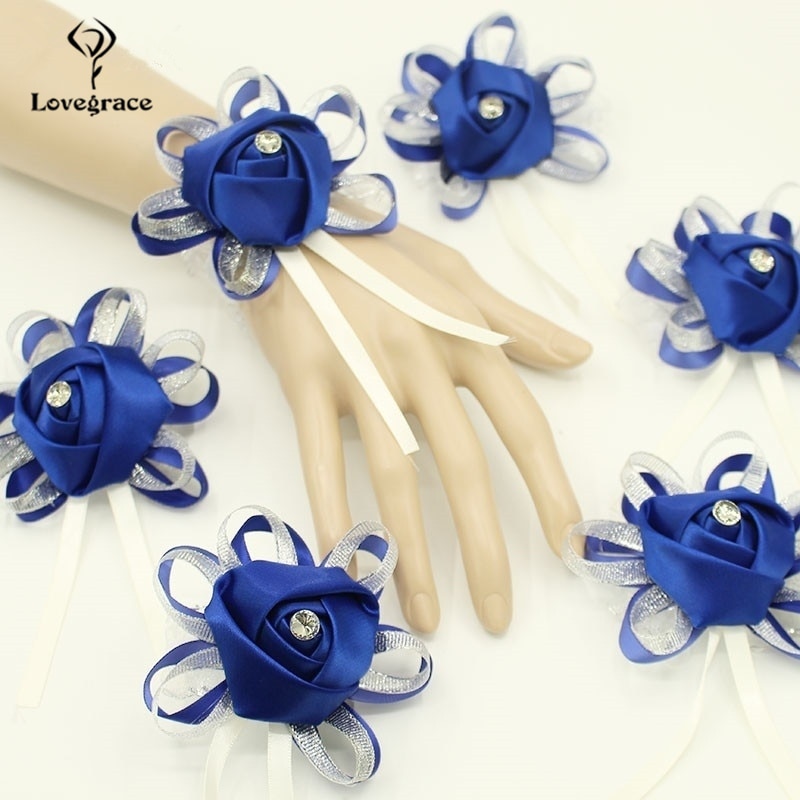 Lovegrace Artificial Flower Wedding Bridesmaid Bracelet Flower Silk Roses Blue Sister Bracelet Bridesmaid Party Prom