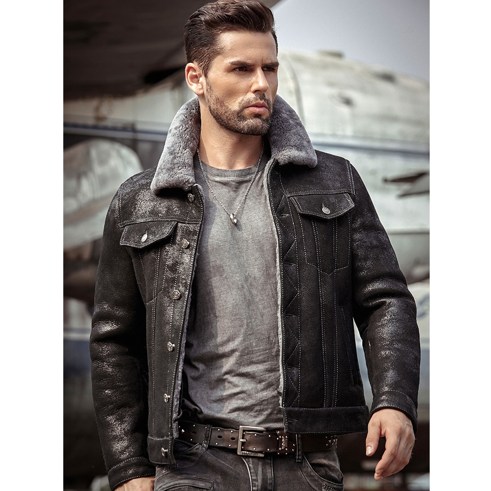 Mens Sheepskin Shearling Jacket B3 Flight Jacket Aviator Winter Coat Fur Bomber Leather Jacket Black Denim Jacket