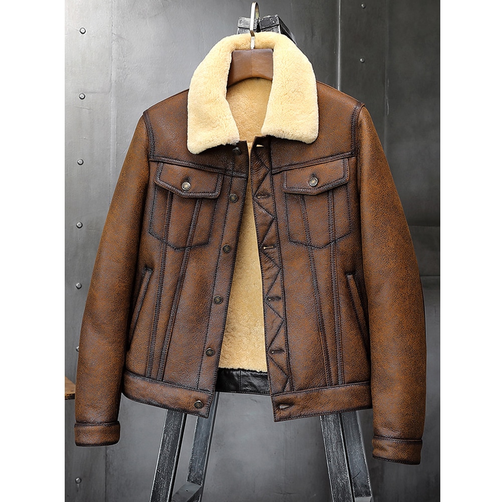 Mens Sheepskin Shearling Jacket B3 Flight Jacket Aviator Winter Coat Fur Bomber Leather Jacket Brown Denim Jacket