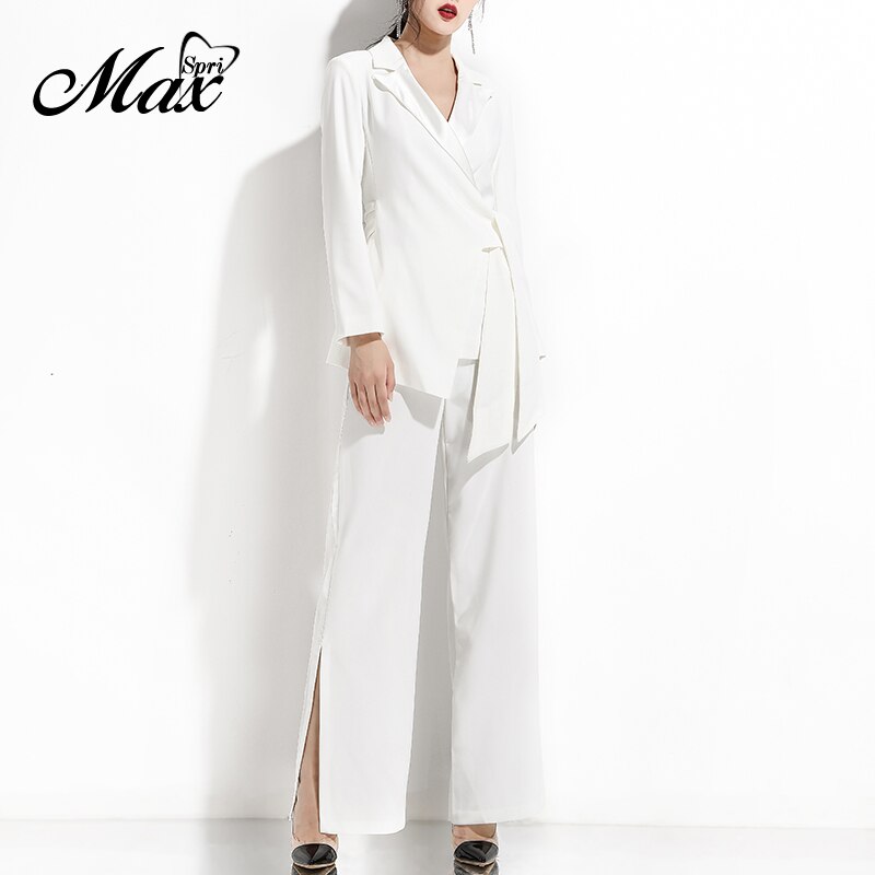 Max Spri 2019 Autumn New OL Workwear Two-Piece Set Trendy V-neck Long Sleeve Wrap Blazer Split Wide Leg Pants Suits